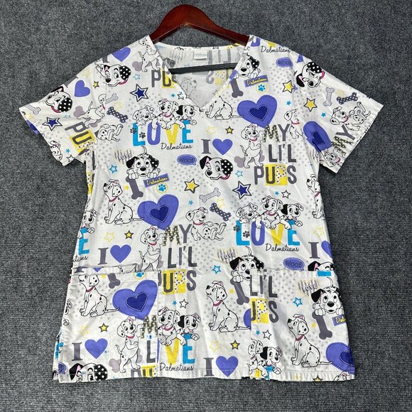 Disney Scrub Top Size Small 101 Dalmations Dogs Short Sleeve Pockets V Neck Whit - Picture 1 of 9